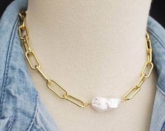 Large Fresh Water Pearl Choker Necklace, Gold Paperclip Necklace,  Baroque Pearl Choker,  Pearl Necklace, Silver Chunky Chain Pearl Necklace