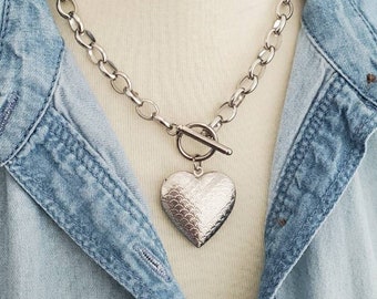 Large Silver Heart Locket Necklace, Chunky Chain Heart Toggle Necklace, Stainless Steel Heart Choker, Silver Heart Locket Toggle Necklace