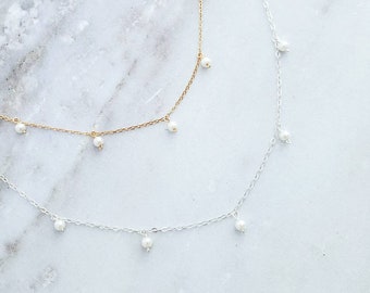 Dainty Gold Filled or Sterling Silver Mini Shell Pearl Multi Tags Dangle Fringe Choker Necklace Layering Necklace Simple Minimalist Necklace