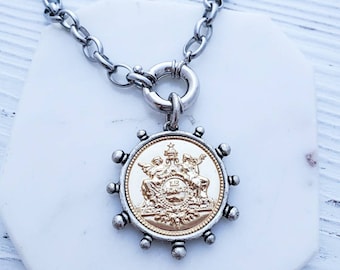 Large Gold Silver Coin Pendant Necklace, French Coin Charm Necklace, Angel Coin Necklace, Chunky Coin Medallion Pendant Necklace French Deco