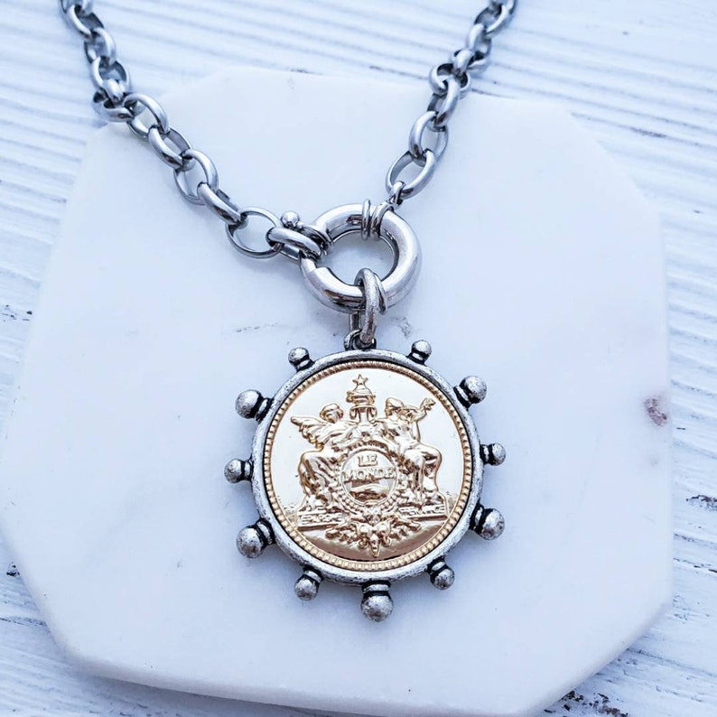 Large Gold Silver Coin Pendant Necklace, French Coin Charm Necklace, Angel Coin Necklace, Chunky Coin Medallion Pendant Necklace French Deco image 1