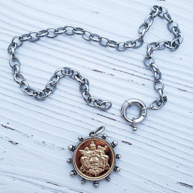 Large Gold Silver Coin Pendant Necklace, French Coin Charm Necklace, Angel Coin Necklace, Chunky Coin Medallion Pendant Necklace French Deco image 5
