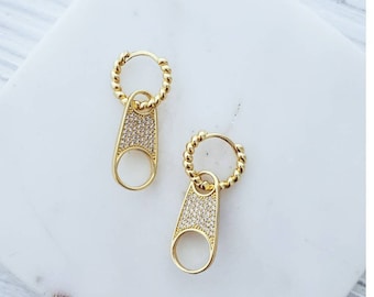 Gold Hoops, Huggies, Dangle Zipper Pull Charm,  Charm Dangling Earrings, Hoop Earrings,  Multi-wear Hoops, CZ Charm Earrings, Modern Earring
