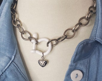 Antique Silver Shackled Choker Necklace, Silver Evil Eye Charm, Shackle Enamel Carabiner Necklace, Clasp Chain Necklace, Oval Cable Chain