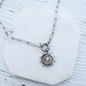 Silver Paperclip Chain Necklace: CZ Evil Eye Sunburst Charm