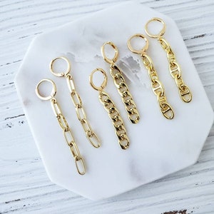 Gold Chain Link Hoops, Huggies, Hoop Earrings, Gold Mariner Chain,  Cuban Chain, Paperclip Dangle Earrings, Minimal, Trendy, Modern Earrings