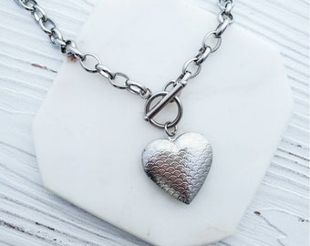 Large Silver Heart Locket Necklace, Chunky Chain Heart Toggle Necklace, Stainless Steel Heart Choker, Silver Heart Locket Toggle Necklace