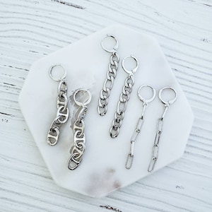 SILVER Chain Link Huggies, Dangle Hoop Earrings, Silver Mariner Chain,  Cuban Chain, Paperclip, Dangle Earrings, Dainty Hoops, Minimalist,