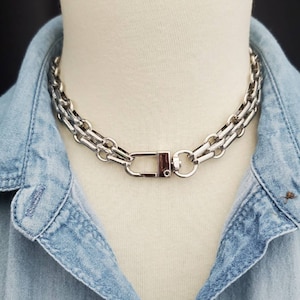 Silver Statement Multilink Textured Wide Chain Choker Necklace, Watch Band Necklace, Silver Chain Choker, Push Gate Clasp Chain Necklace