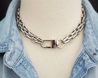 Silver Statement Multilink Textured Wide Chain Choker Necklace, Watch Band Necklace, Silver Chain Choker, Push Gate Clasp Chain Necklace
