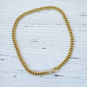 Gold Curbed Chain Necklace, Pave CZ Clasp, Lock Clasp, Thick Chain Necklace, Shiny Gold Plated, Layering Necklace, Statement Chain Necklace image 5