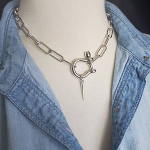 SHACKLED and SPIKED Silver Choker, Paperclip Chain Necklace, Shackle Carabiner Necklace, Horseshoe Carabiner Necklace, Spike Charm, Boho
