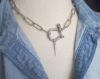 SHACKLED and SPIKED Silver Choker, Paperclip Chain Necklace, Shackle Carabiner Necklace, Horseshoe Carabiner Necklace, Spike Charm, Boho