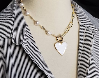 Half Pearl CZ Chain Necklace, Half Paperclip Chain Necklace, Lock Charm Choker, Baroque Pearl Necklace, White Heart Enamel Howlite Carabiner