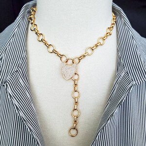 Gold Curbed Chain Necklace, Pave CZ Clasp, Lock Clasp, Thick Chain Necklace, Shiny Gold Plated, Layering Necklace, Statement Chain Necklace image 7