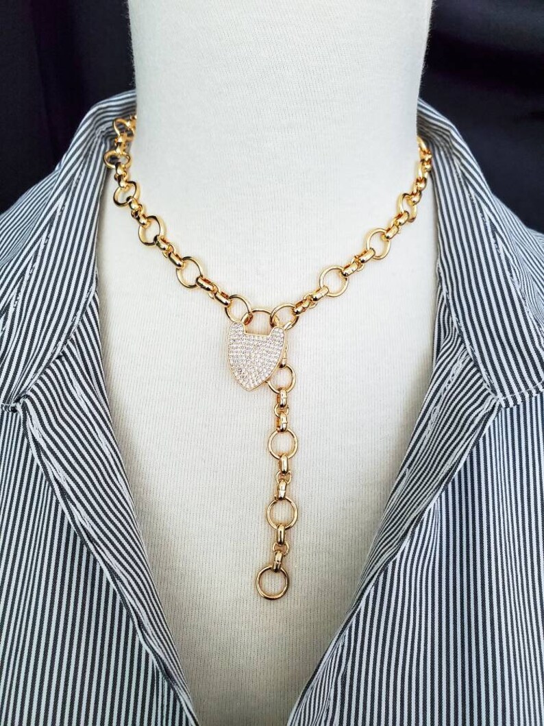 Gold Curbed Chain Necklace, Pave CZ Clasp, Lock Clasp, Thick Chain Necklace, Shiny Gold Plated, Layering Necklace, Statement Chain Necklace image 7