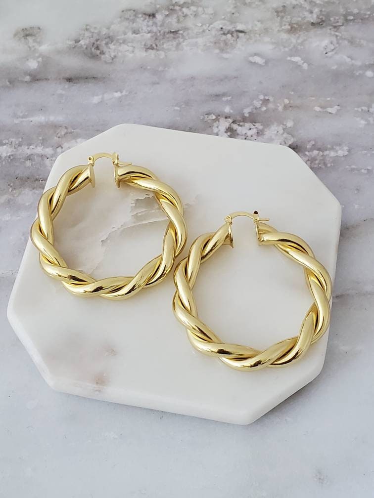 Chunky Thick Gold Filled Chubby Hoops Twisted Croissant Large | Etsy