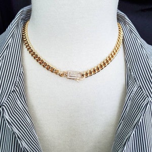 Gold Curbed Chain Necklace, Pave CZ Clasp, Lock Clasp, Thick Chain Necklace, Shiny Gold Plated, Layering Necklace, Statement Chain Necklace image 3