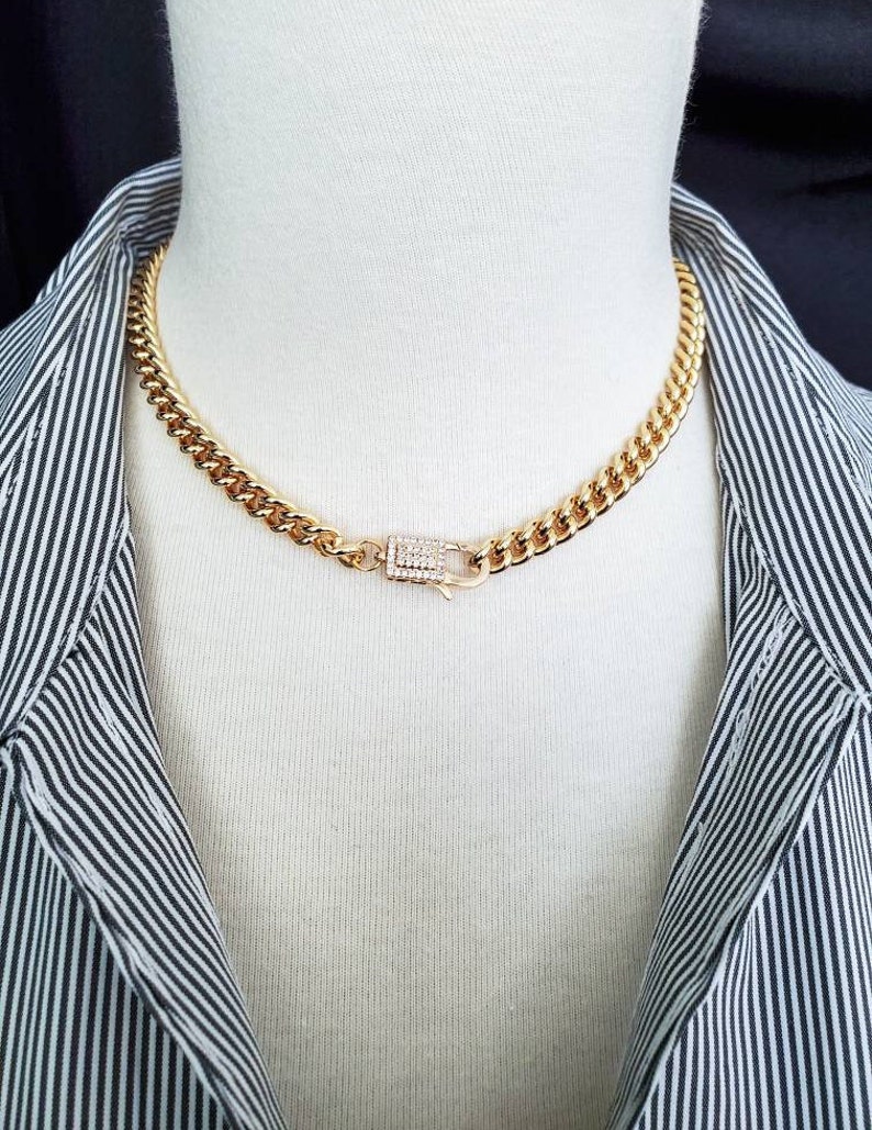 Gold Curbed Chain Necklace, Pave CZ Clasp, Lock Clasp, Thick Chain Necklace, Shiny Gold Plated, Layering Necklace, Statement Chain Necklace image 3