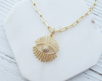 Gold Evil Eye Pendant Necklace: CZ Pave Paperclip Chain, Boho Statement