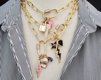 CHARMED / Gold Paperclip Chain Necklace,  Charm Necklace, Carabiner Necklace, Heart Rainbow Lightning KEY Lock Star Evil Eye  Charm Necklace