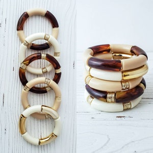 Neutral Bamboo Bangles Bracelets, Chunky Acrylic Tube Bracelets, Layering Stack Bracelets, Gold Heishi Beige Marble Blush Clear Ivory