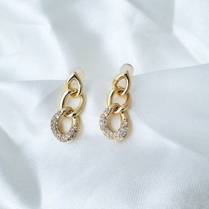 Gold CZ Pave Chain Link Earrings: Minimalist Dangle
