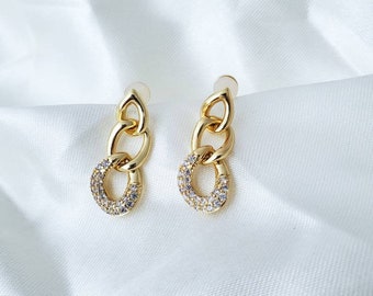 Gold CZ Chain Earrings, Long Dangle Earrings, Gold Chain Link Earrings, Pave Chain Earrings, Trendy Minimalist, Chain Drop Earrings, Fancy