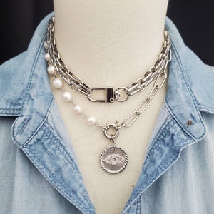 Silver Evil Eye Paperclip Chain and Pearl Rosary Necklace, Evil Eye Charm Pendant Choker Necklace, Half Paperclip Chain Half Pearl Choker