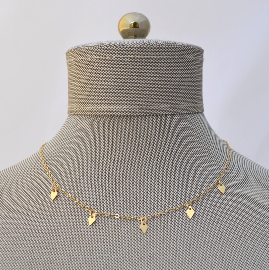 Gold Mini Charm Diamond Fringe Tags Dangle Choker Necklace // Gold