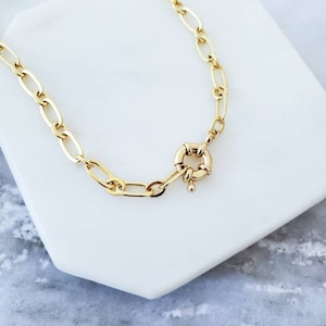 Gold Plated Paperclip Chain Necklace: Chunky Sailor Clasp Lariat