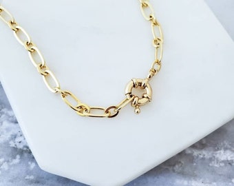 Versatile Medium Chunky Gold Cable Chain Layering Necklace + Sailor Wheel Clasp, Choker Y Lariat High Quality Gold Plated Chain Necklace