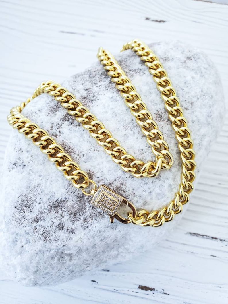 Gold Curbed Chain Necklace, Pave CZ Clasp, Lock Clasp, Thick Chain Necklace, Shiny Gold Plated, Layering Necklace, Statement Chain Necklace image 4