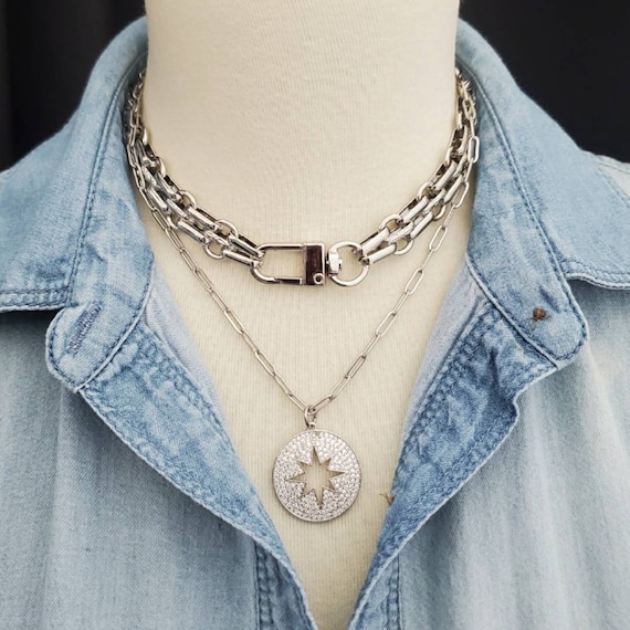 Silver Starburst Pendant Necklace: CZ Pave Star, Stainless Steel Chain