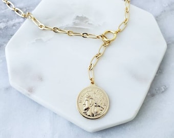Versatile Medium Chunky Gold Cable Chain Necklace, Coin Medallion Charm,  Layering Necklace, Choker Y Lariat, French Coin Pendant Necklace