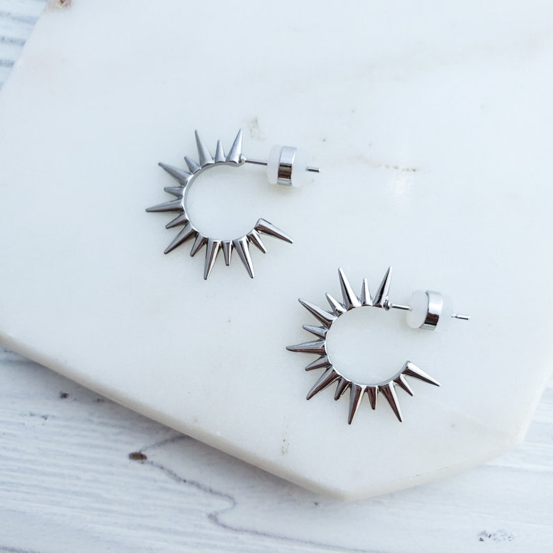 Silver Spike Hoop Earrings, Celestial Stud Earrings, Open Hoops Earrings, Dainty Earrings, Sunburst Hoops Skinny Spiked Trendy Earrings image 4