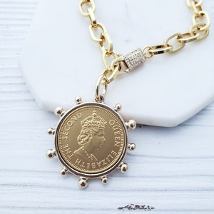 Large Gold Coin Pendant Necklace, Pave Queen Elizabeth Coin, Y Lariat Necklace, Chunky Coin Medallion Necklace, French Art Deco, Vintage