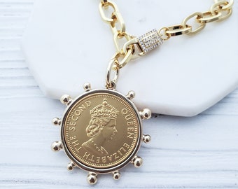 Large Gold Coin Pendant Necklace, Pave Clasp Queen Elizabeth Coin , Y Lariat Necklace, Chunky Coin Medallion Necklace, French Deco