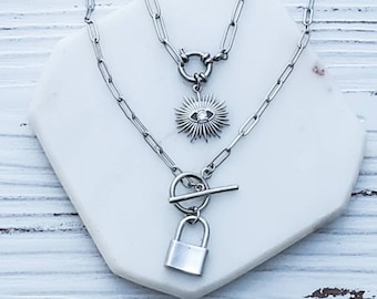 Silver Toggle Lock Necklace, Padlock Charm Necklace, Paperclip Chain Choker,  Layering Necklace, CZ Evil Eye Pendant Charm Necklace, Dainty