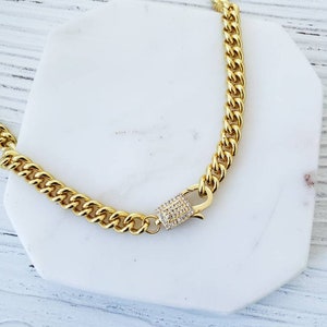 Gold Curbed Chain Necklace, Pave CZ Clasp, Lock Clasp, Thick Chain Necklace, Shiny Gold Plated, Layering Necklace, Statement Chain Necklace Curbed Chain