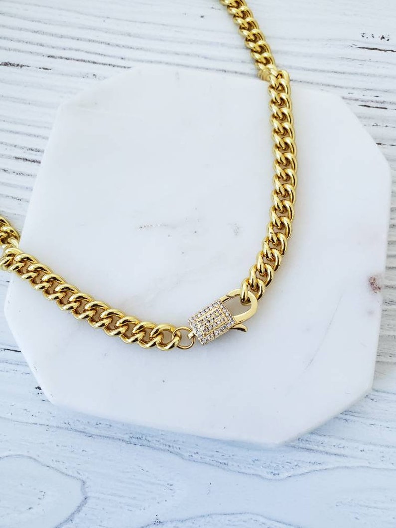 Gold Curbed Chain Necklace, Pave CZ Clasp, Lock Clasp, Thick Chain Necklace, Shiny Gold Plated, Layering Necklace, Statement Chain Necklace Curbed Chain