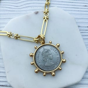 Large Silver Coin Pendant Necklace,  Queen Elizabeth Coin Gold Chain Necklace, Chunky Coin Medallion Necklace, Two Toned, French Art Vintage