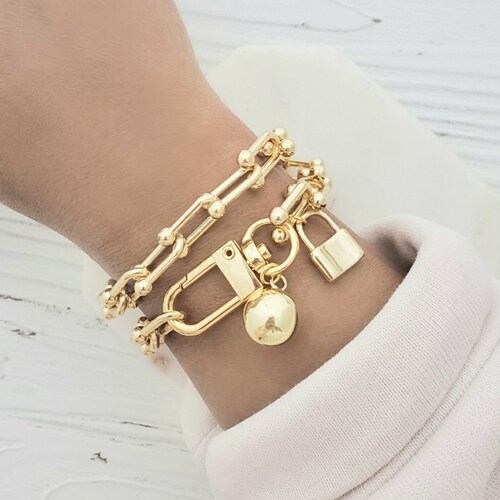 Chunky 18k GOLD U Ball Link Chain Bracelet Push Gate Lobster Etsy