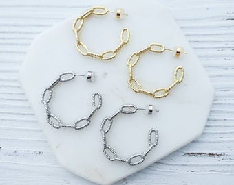 Gold Textured Chain Link Earrings, Open Hoops Earrings, Large Matte Gold Hoops, Chain Link Hoop Earrings, Modern Silver Earrings, Minimalist