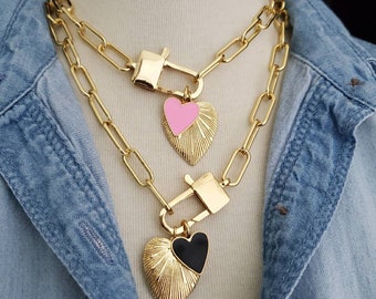 Gold Heart Charm Paperclip Chain Necklace, Large Clasp Necklace, Enamel Heart Necklace, Convertible Necklace, Trendy Necklace, Boho