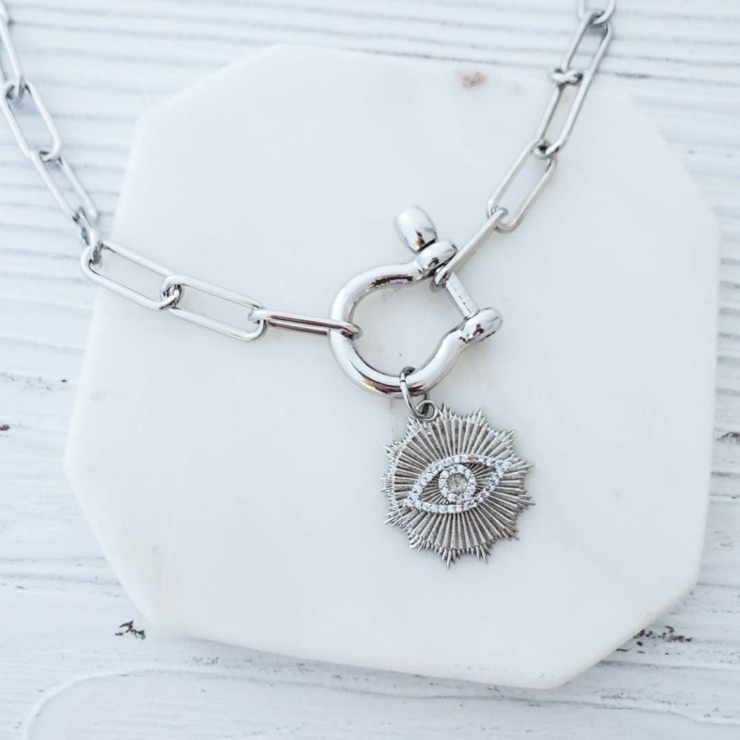 Silver Evil Eye Choker, Paperclip Chain Necklace, Shackle Carabiner Necklace, Horseshoe Clasp Choker Necklace Silver Sunburst Charm Necklace
