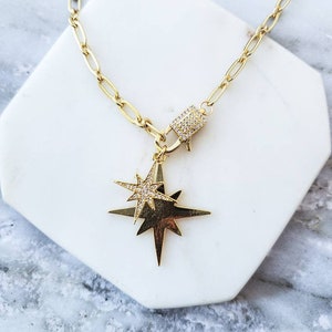 Double Starburst Carabiner Necklace, CZ Carabiner Clip Lobster Clasp Choker Necklace, Gold Paperclip Chain Adjustable Layering Necklace