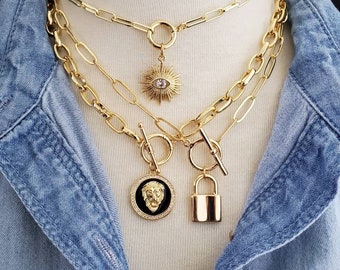 Toggle Necklace Chunky Paperclip Chain Choker Charm Necklace, Layering Carabiner Necklace, CZ Lion Gold Lock Evil Eye Pendant Charm Necklace