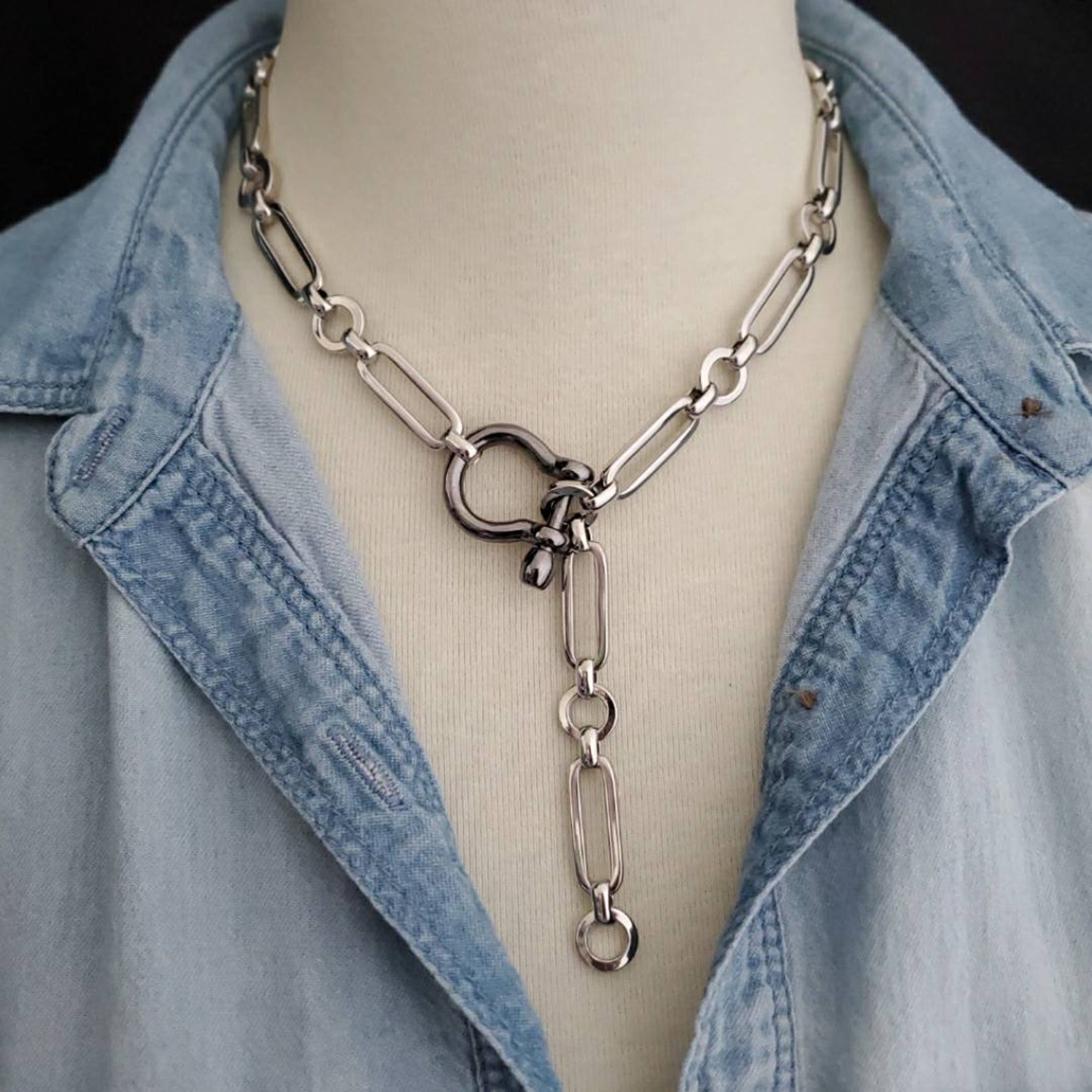 Silver Chunky Paperclip Chain Necklace Y Lariat Necklace - Etsy