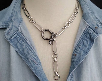 Silver Chunky Paperclip Chain Necklace, Y Lariat Necklace, Gunmetal Shackle Horseshoe Carabiner Necklace, Choker Necklace, Mix Metal